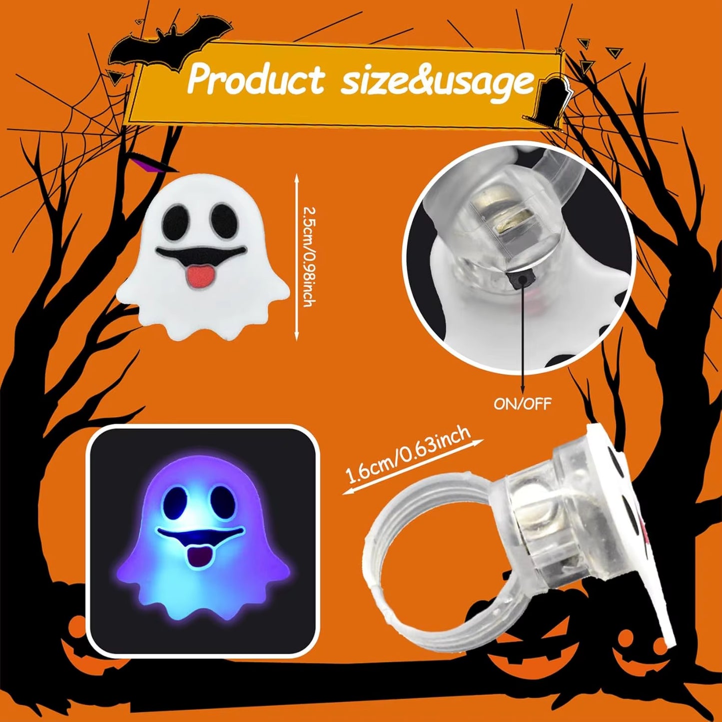 20/50Pc Halloween LED Light up Rings Toys Horror Pumpkin Ghost Spider Glow Finger Rings for Kids Trick Party Supplies Party Gift