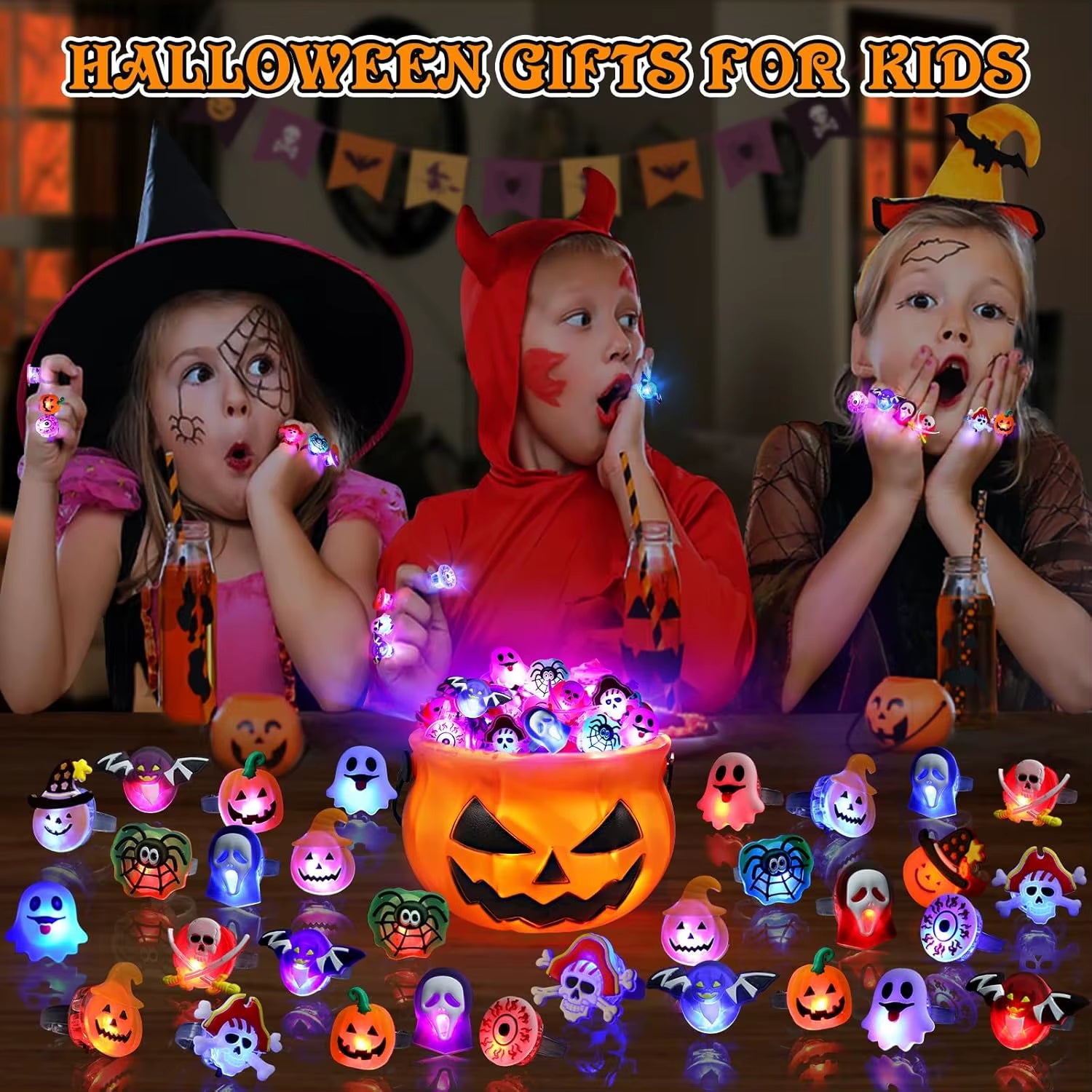 20/50Pc Halloween LED Light up Rings Toys Horror Pumpkin Ghost Spider Glow Finger Rings for Kids Trick Party Supplies Party Gift